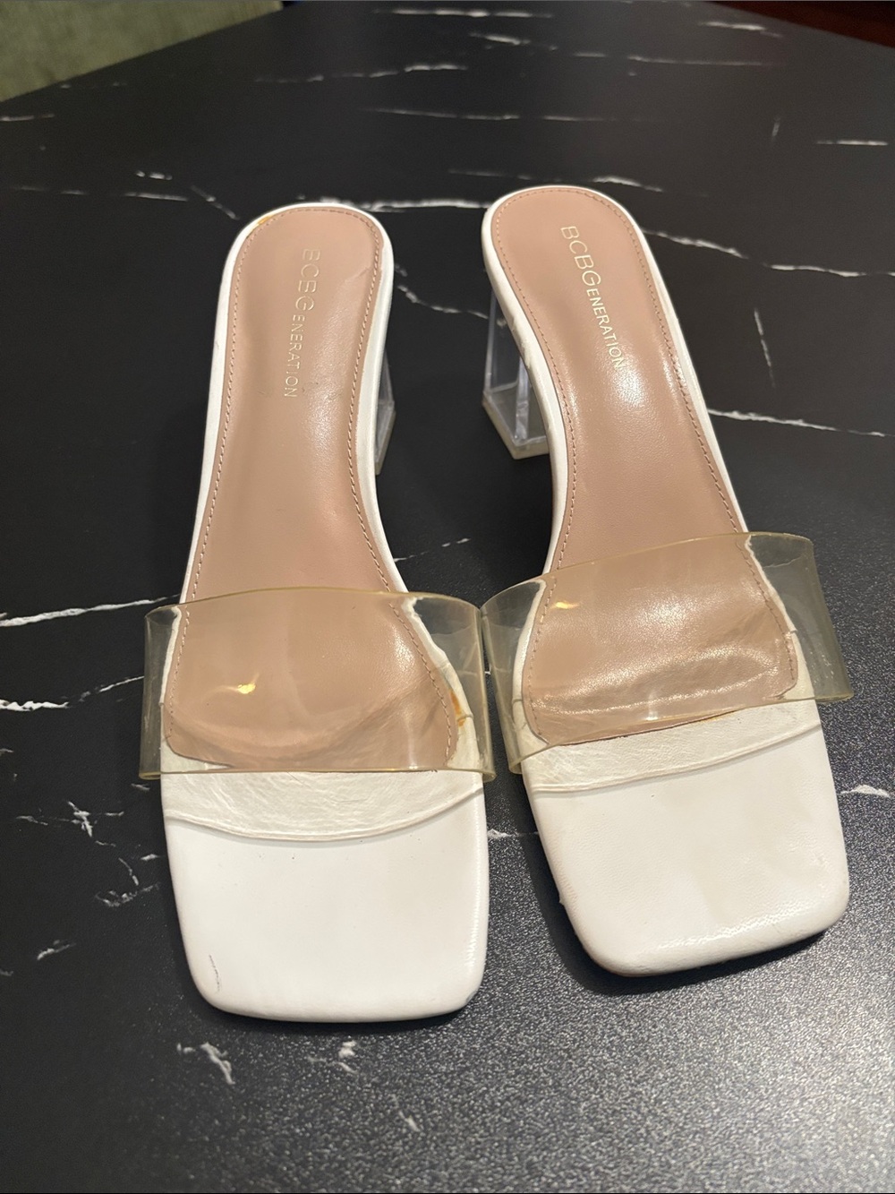 BCBGeneration White Slide Heels with Clear Strap